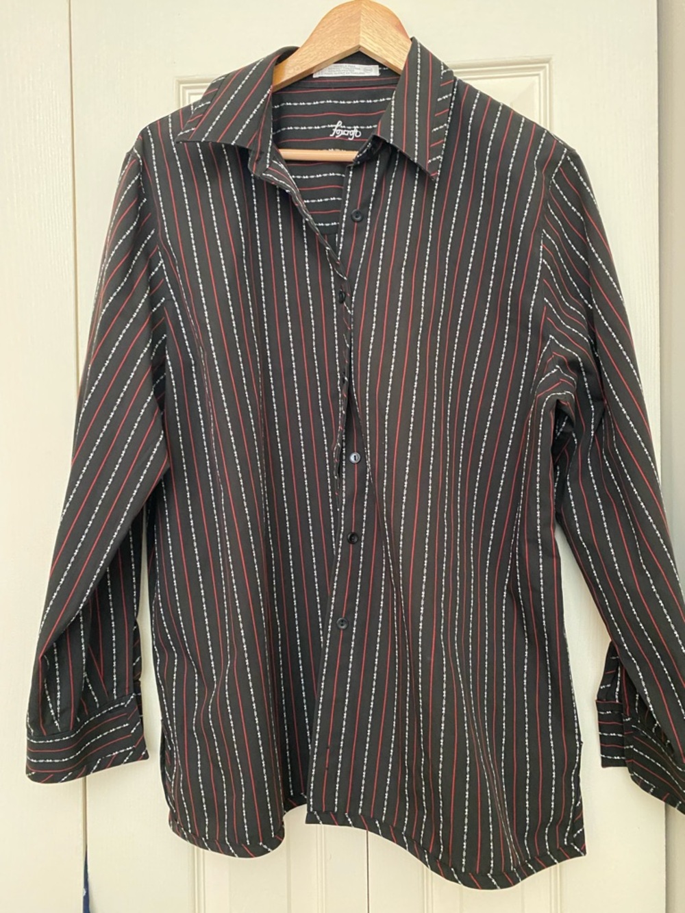 Foxcroft Black Button-Up Shirt with Red & White Pinstripes